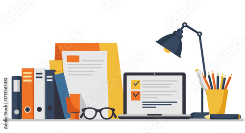 Flat design office workspace with laptop and documents