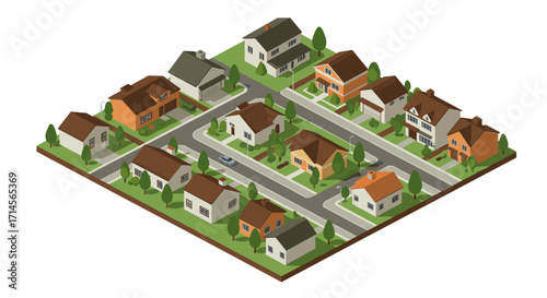 Isometric suburban neighborhood with houses and streets in modern style