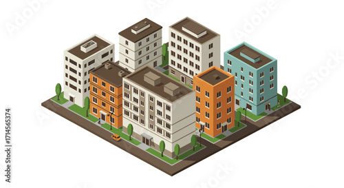 Isometric city block with colorful apartment buildings and street elements