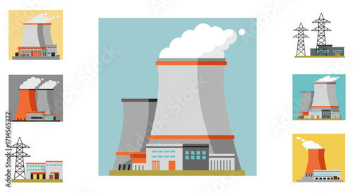 Modern energy plant design with cooling towers and power lines