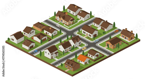 Isometric neighborhood design with suburban houses and streets