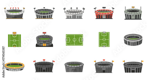 Collection of modern stadium icons and football field designs in flat style