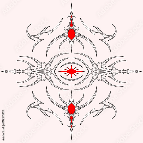 Neo tribal abstract vector with sharp symmetrical lines and red accents, perfect for tattoos, dark art, or gothic design elements