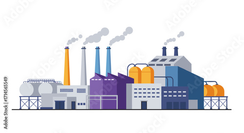 Industrial plant with smokestacks and storage tanks in flat design