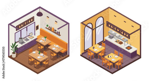 Isometric cafe interior design with cozy dining areas and modern decor