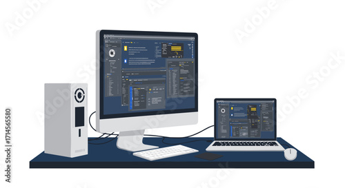 Home office workspace with desktop and laptop setup for productive work