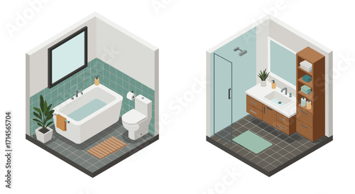 Isometric bathroom interiors with modern design elements