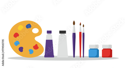 Color palette and art supplies with brushes and paint tubes in minimalist design