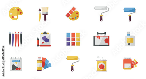 Colorful painting tools set featuring brushes, palettes, and rollers in flat design