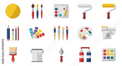 Bright collection of art and painting tools in flat design style
