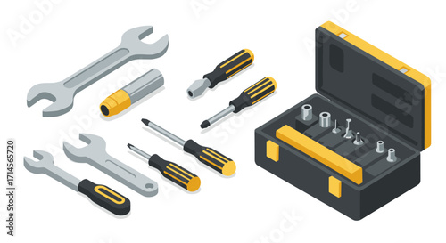 Essential tool set with wrenches, screwdrivers, and socket kit in isometric style