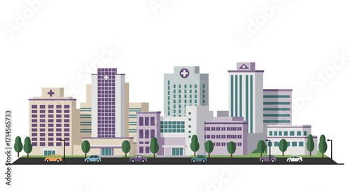 Modern urban skyline with medical buildings and street traffic in flat design