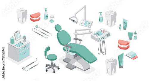 Isometric dental clinic tools and equipment set with modern chair and instruments