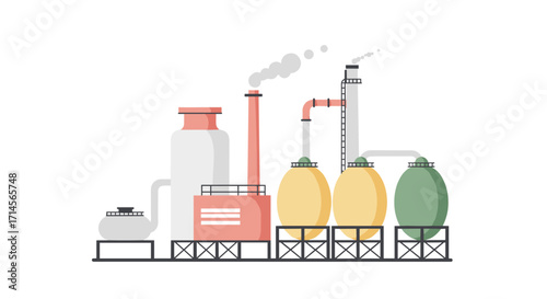 Modern industrial factory with smokestacks and storage tanks