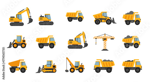 Construction equipment icons set with excavators, dump trucks, cranes, and bulldozers