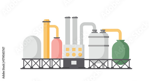 Industrial factory with colorful tanks and pipes in flat style
