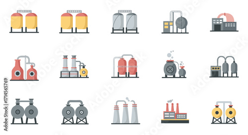 Industrial facility icons featuring oil, gas, and chemical plant equipment in flat design