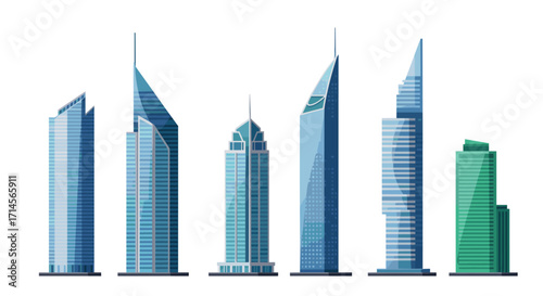 Modern skyscrapers collection with futuristic designs on white background