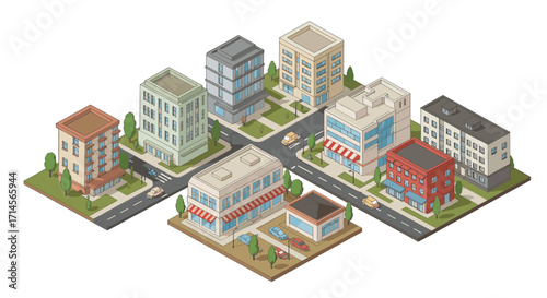 Isometric cityscape with modern buildings and streets