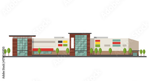 Modern shopping mall architecture with trees on white background