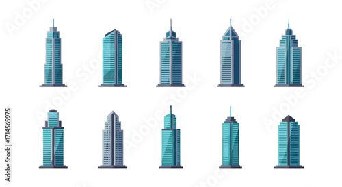 Collection of modern skyscrapers with minimalist design on white background