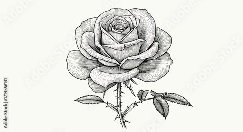 Intricate black and white rose drawing with detailed thorns and leaves