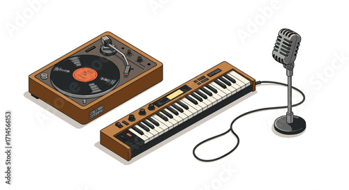 Retro music equipment in isometric style with turntable, keyboard, and microphone