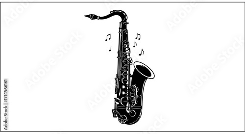 Elegant silhouette of a saxophone with musical notes on white background