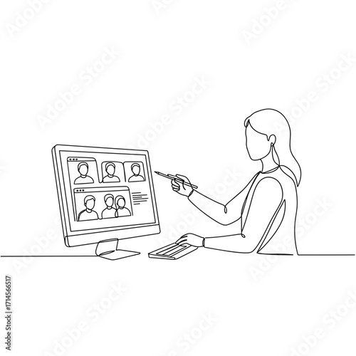 Woman participating in video conference while using computer – Concept of Simple continuous line drawing  