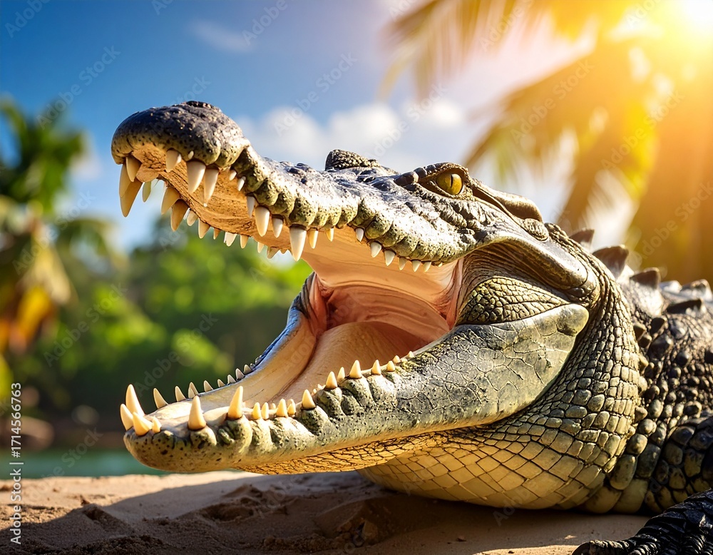 Fototapeta premium Close-up of big crocodile open mouth with sharp teeth, on green jungle background. 