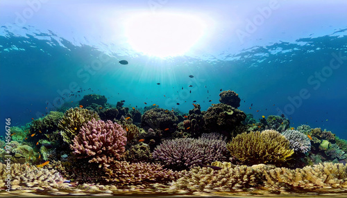 Fototapeta Naklejka Na Ścianę i Meble -  Coral reef underwater ocean marine fish sunlight blue water tropical sea ecosystem vibrant colorful aquatic nature environment