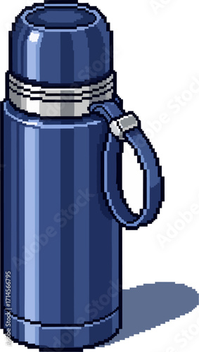 A pixelated illustration of a blue insulated water bottle with a handle, shown in detail.