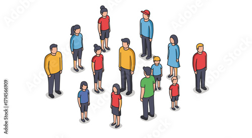 Diverse group of people standing in social gathering isometric style
