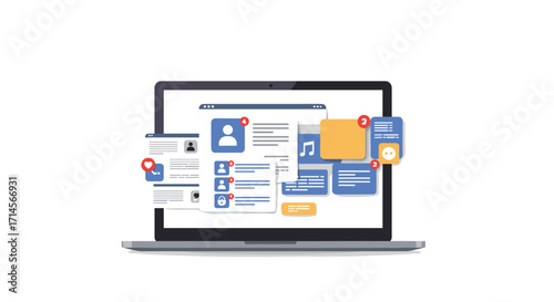 Digital communication and notification icons on laptop screen