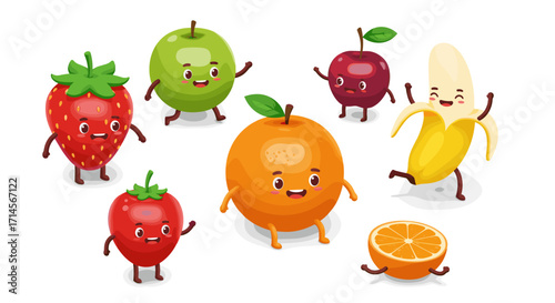 Cheerful cartoon fruits with faces in a playful 3d style