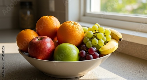 Fototapeta Naklejka Na Ścianę i Meble -  A bowl of fresh fruits including oranges, apples, grapes, and bananas on a kitchen countertop near a window.