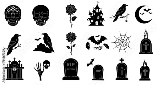 Spooky halloween silhouettes featuring skulls, ravens, and haunted elements