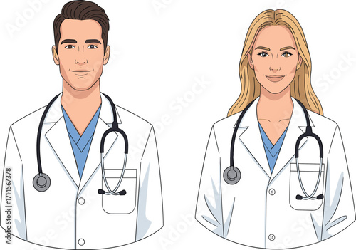 Medical professionals illustration, doctors in lab coats with stethoscopes, healthcare teamwork, clinical attire, hospital staff concept, health service art