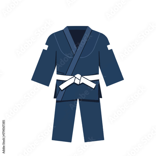 A crisp, clean flat 2D vector illustration showcases a traditional white judo uniform, complete with its belt, presented neatly on a plain white background, ready for athletic activities.