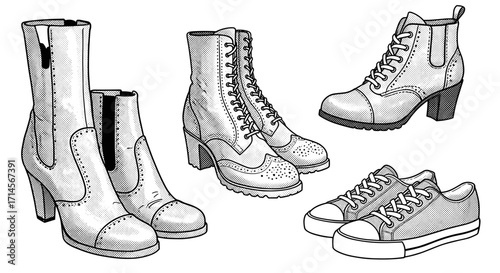 Detailed black and white dot art shoe collection featuring boots and sneakers