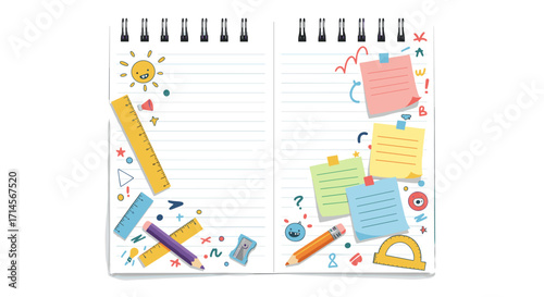 Creative notebook pages with colorful sticky notes and stationery items