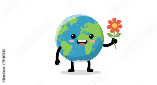 Cute earth character holding a flower with a cheerful smile