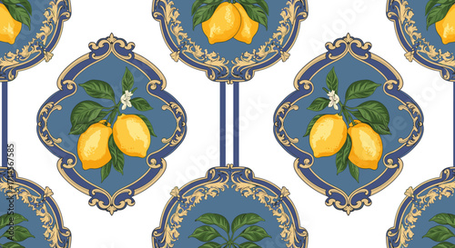 Elegant citrus pattern with lemons in ornate frames on blue background