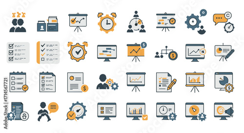 Flat style business and productivity icons in blue and yellow palette