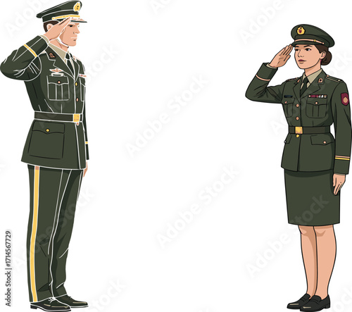 Military salute, uniformed personnel, formal gesture, discipline and respect, peaked cap, ceremonial stance, armed forces, authority, tradition, illustration
