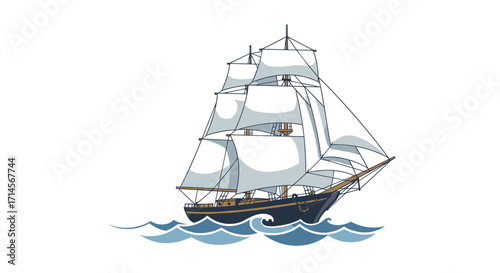 Classic sailing ship on ocean waves in stylized nautical design