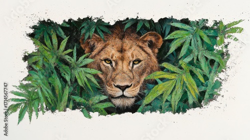 Majestic Lioness Emerging From Plant Field