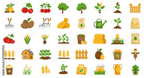 Colorful agricultural icons set featuring trees, plants, and farm equipment