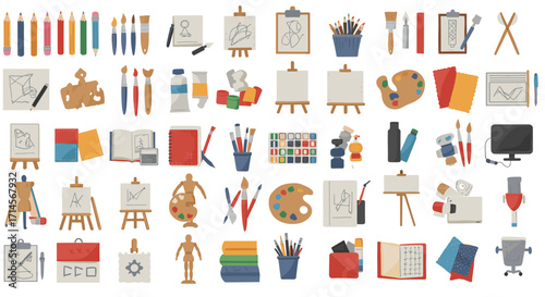 Colorful art supplies collection: brushes, easels, paints, and sketchbooks in flat design