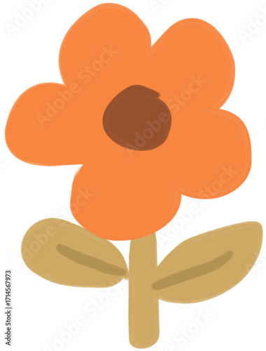 Simple Handdrawn Orange Flower Illustration with Stem and Leaf